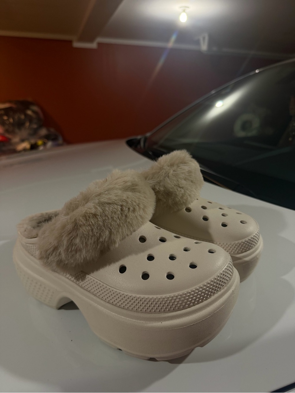 CROCS Faux Fur Platform Clog in Cream